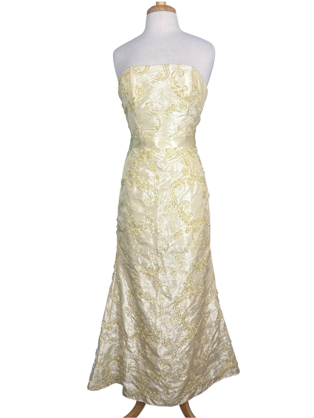Vintage Jessica McClintock Strapless Column Mermaid Gown Size 6 Gold Ivory Satin